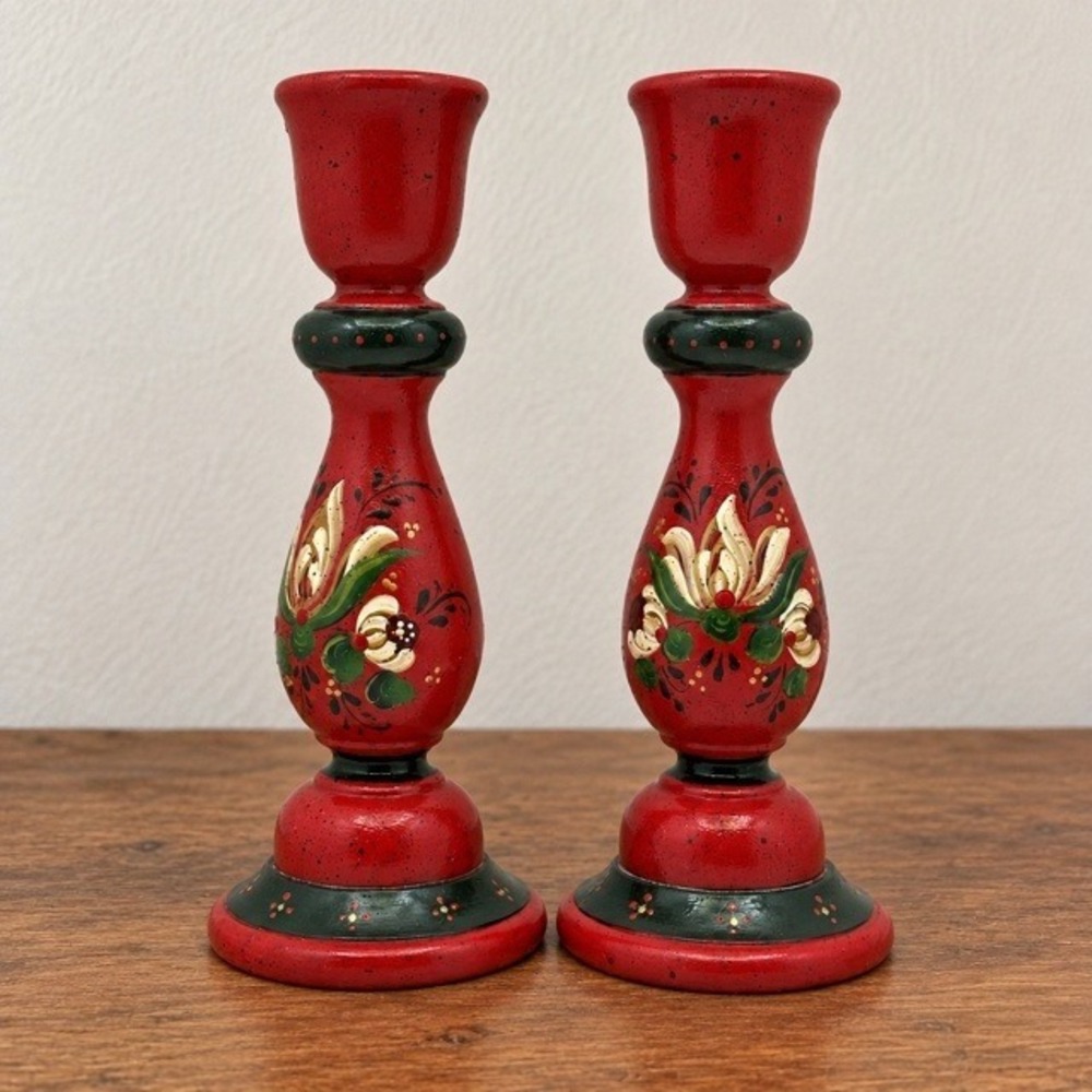 Pair Hand Painted Wood Candle Holders Red Green Floral Folk Art 7" Candlesticks